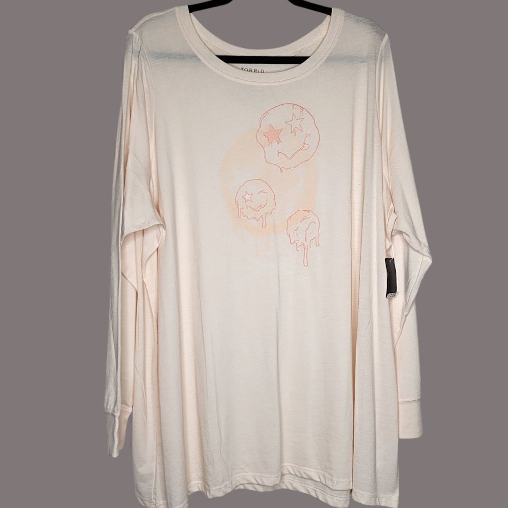 5X 28W Torrid Torrid Cream Pink Doodles Sketch Tattoo Happy Face Long Sleeve Tee